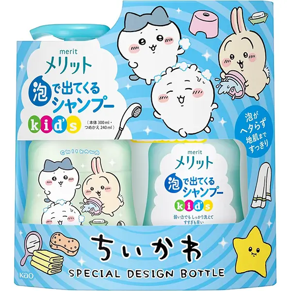 Merit Shampoo & Conditioner Refill Chiikawa Design Bottle (300Ml+240Ml)  花王merit kid慕斯泡沫洗发水无硅油植物配方宝宝儿童专用洗发露300毫升+护发素240毫升，可替换装