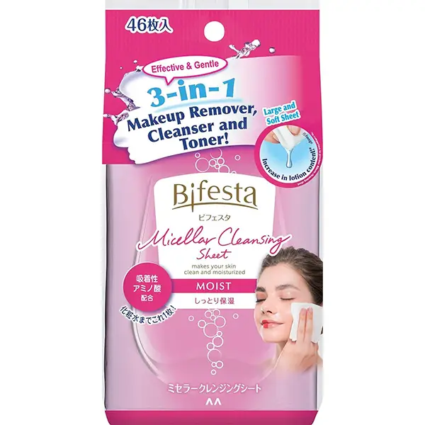 缤若诗卸妆湿巾，卸妆、洁面、化妆水只需这1片！Bifesta Micellar Cleansing Sheet Moist, 46 sheets Bifesta卸妆Bifesta卸妆巾Bifesta卸妆湿巾深层卸妆洁肤纸卸妆+洁面+保湿三合一深层卸妆洁肤纸 (保湿型)  肌肤保湿亲和 旅游携带清洁干净无须水洗 46抽