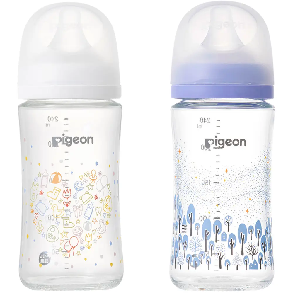Pigeon Nursing Bottle, Heat-Resistant Glass, 240ml (Official Limited Design) 贝亲奶瓶耐热玻璃材料宝宝奶瓶带奶嘴母乳实感模拟母乳喂养模式240ml装3个月起 两色入