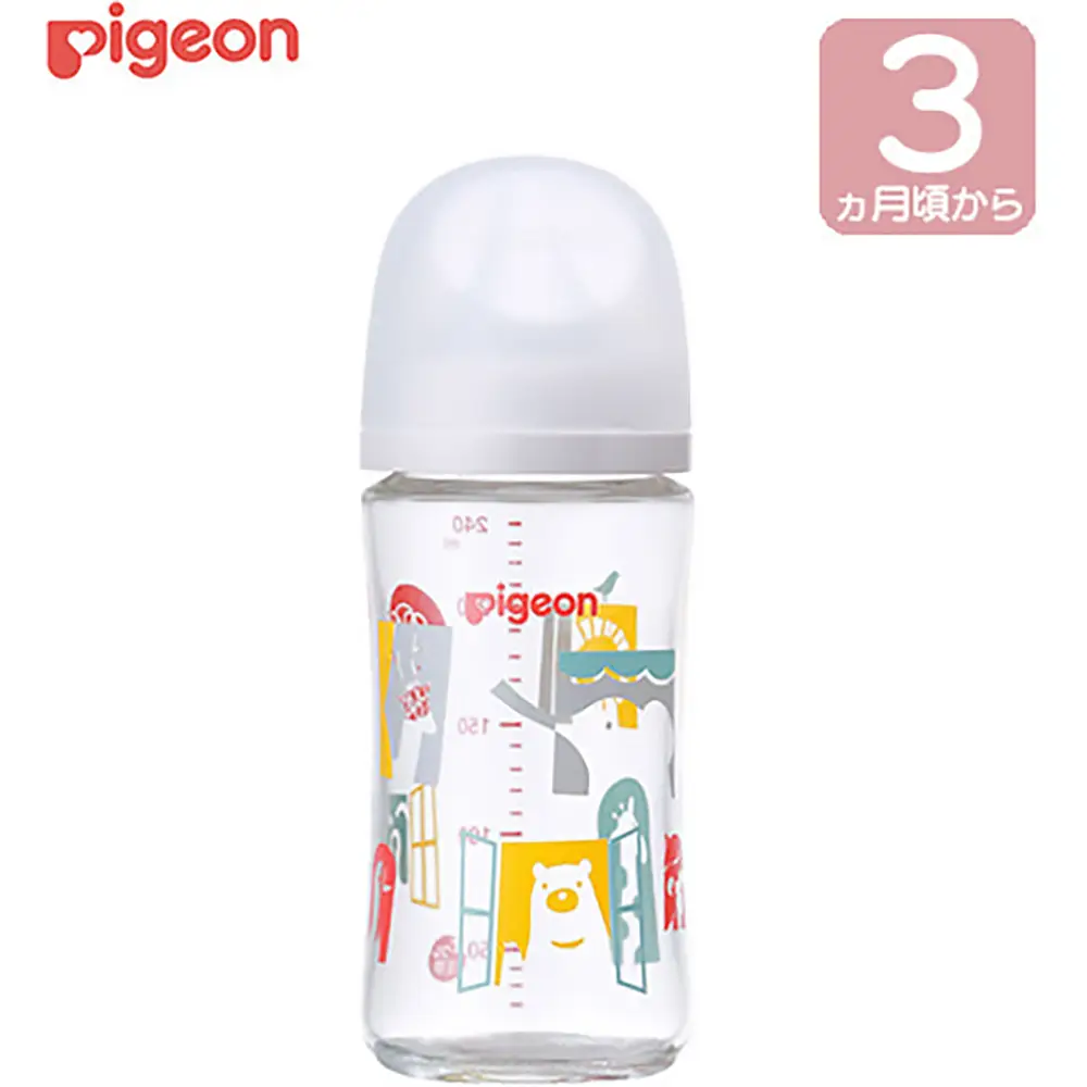 Pigeon Glass Nursing Bottle, 240ml (Zoo)贝亲奶瓶玻璃材料宝宝奶瓶带奶嘴母乳实感模拟母乳喂养模式240ml装3个月起